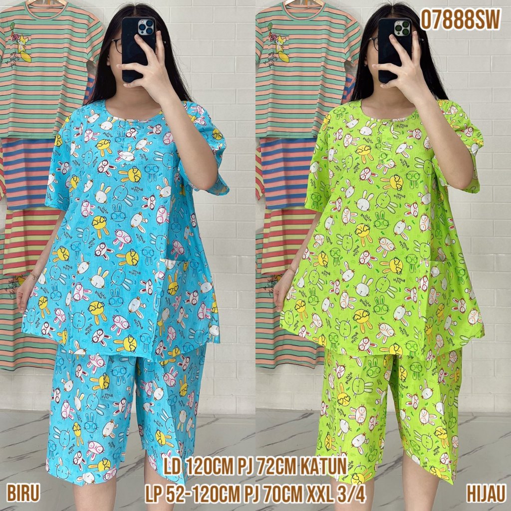 Baju Tidur Merlin BD Celana 3/4 XXL Jumbo Setelan Katun Motif karakter  - Bahan Katun Premium