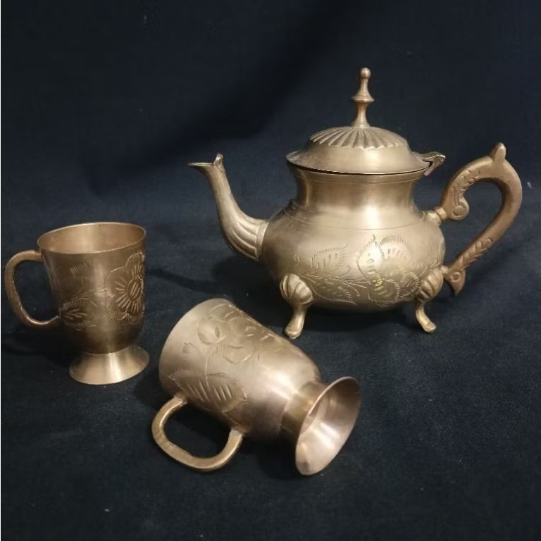 Mini teaset ukir kuningan antik
