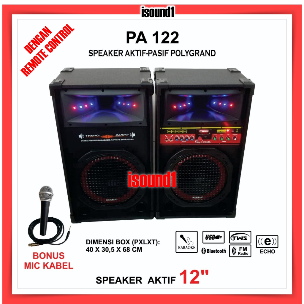 SPEAKER AKTIF PASIF 12 INCH POLYGRAND PA 122 USB BLUETOOTH TWS SEPASANG