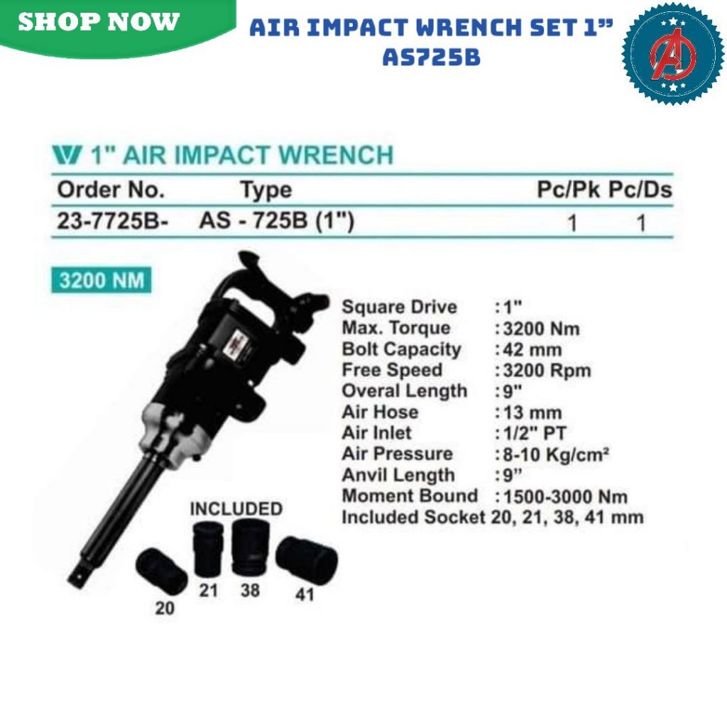Wipro Alat Buka Baut Ban Angin / Air Impact Wrench 1'' AS 725B / Alat Buka Baut Roda Truck 1 AS725B.