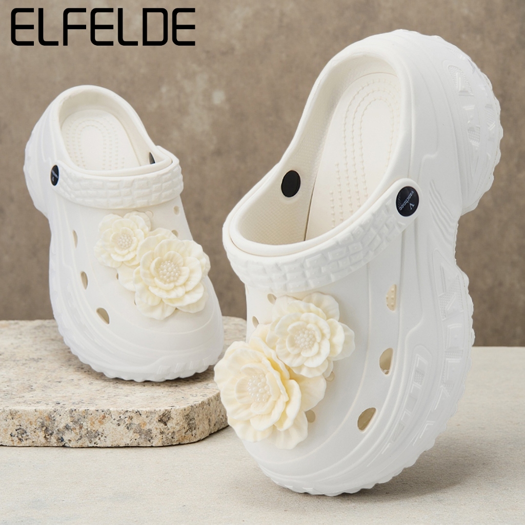 ELFELDE Sandal Kodok Wanita Korea Bunga Sandal Jelly Wanita Sepatu Sandal Baim Wanita Wedges