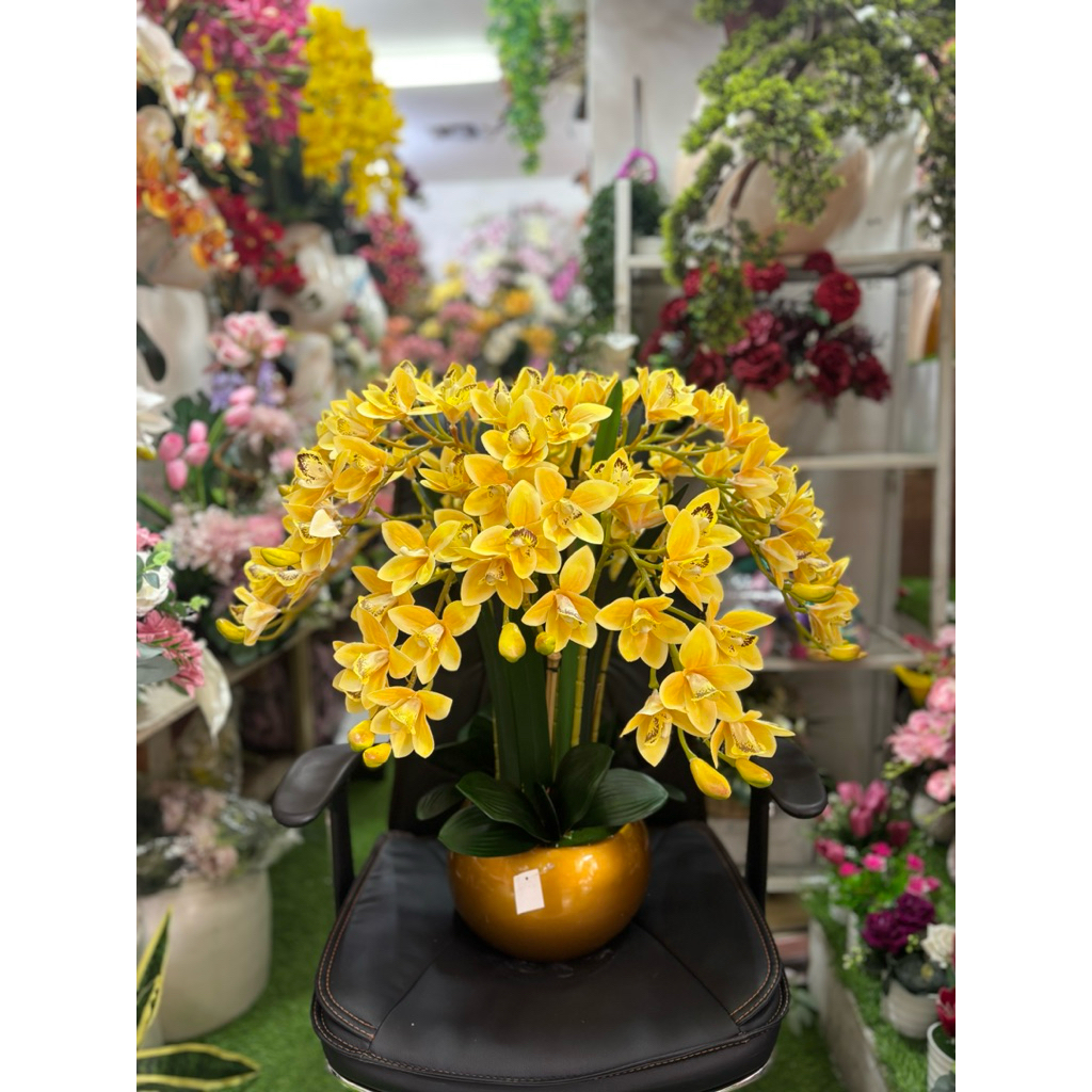 Tanaman Artificial Anggrek Cymbidium Kuning Premium Pot Keramik Elegan