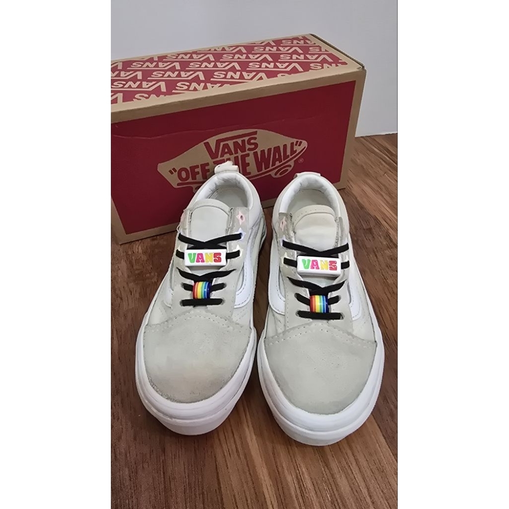 VANS Kids Old Skool Elastic Lace White Shoes (PRELOVED) Kids Size 27,5/ VANS Classic White Sneakers 