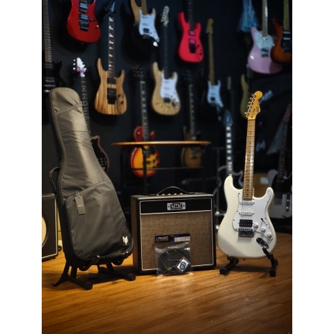 Bundling Paket Complete Guitar Electric YMS STR II HSS Series White Original Made in Indonesia