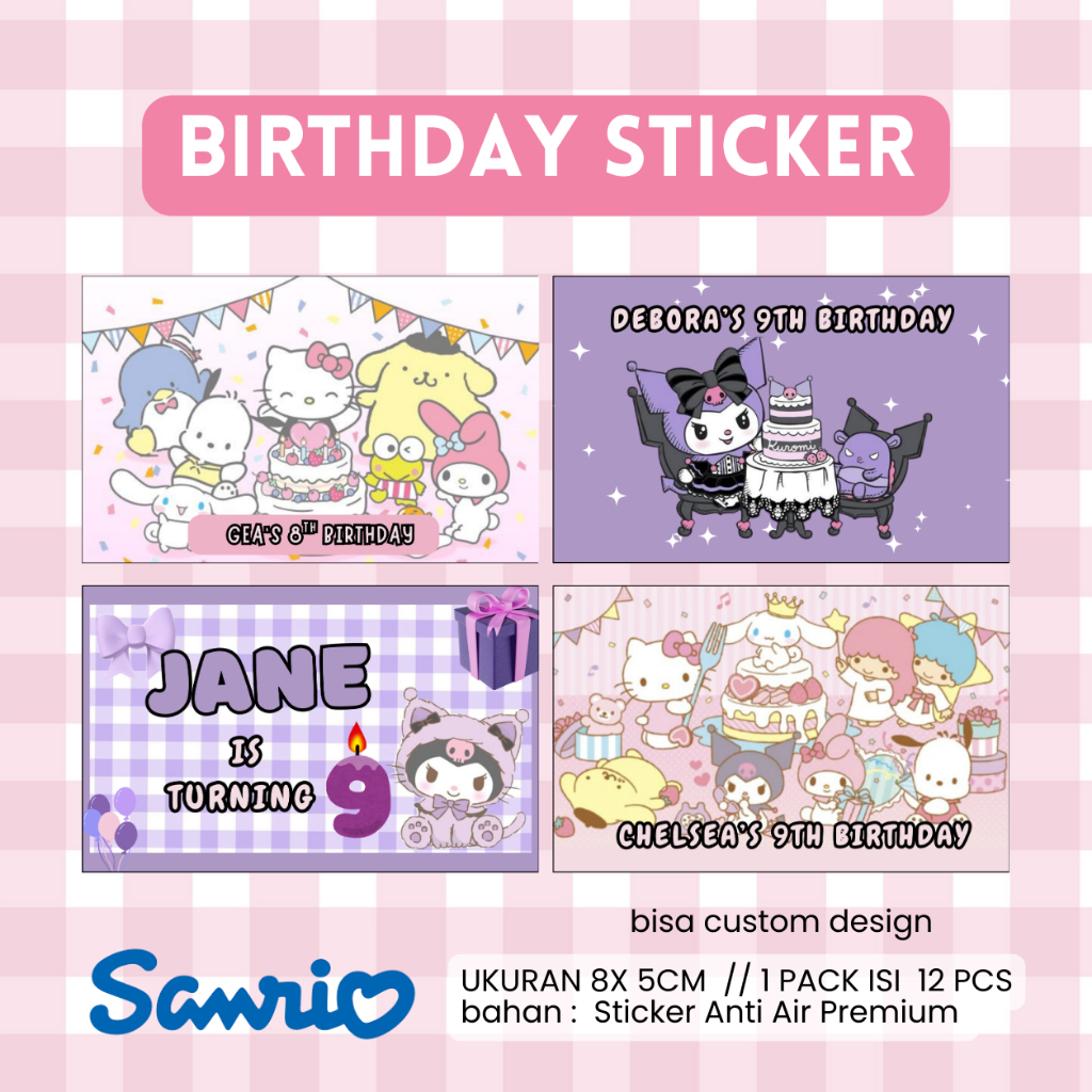 

12 pcs ready Siap Kirim Sticker Label Birthday mealbox sanrio Kuromi twin lala Anti Air 8 x 5 cm