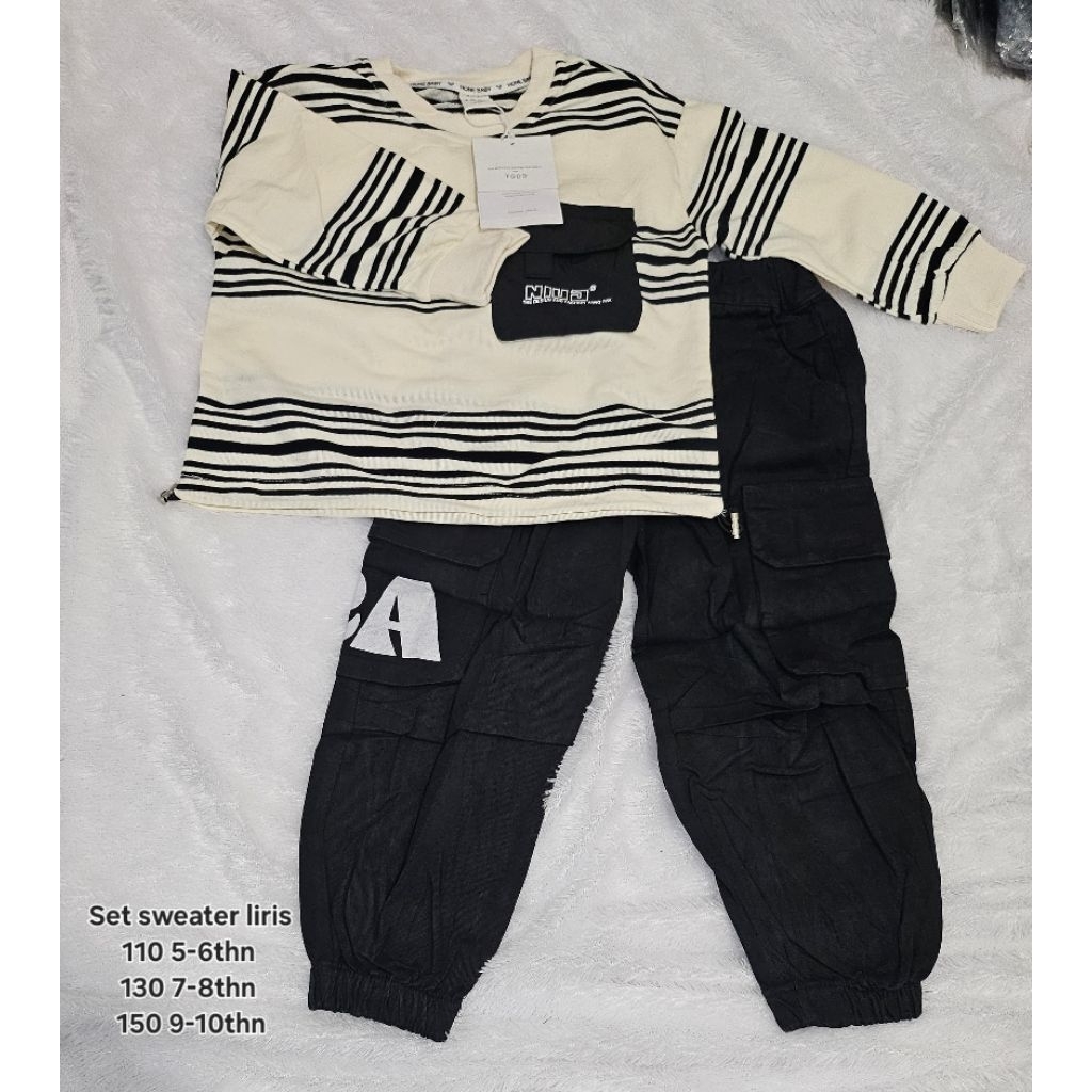 Set baju sweater anak cowok laki laki liris hitam putih