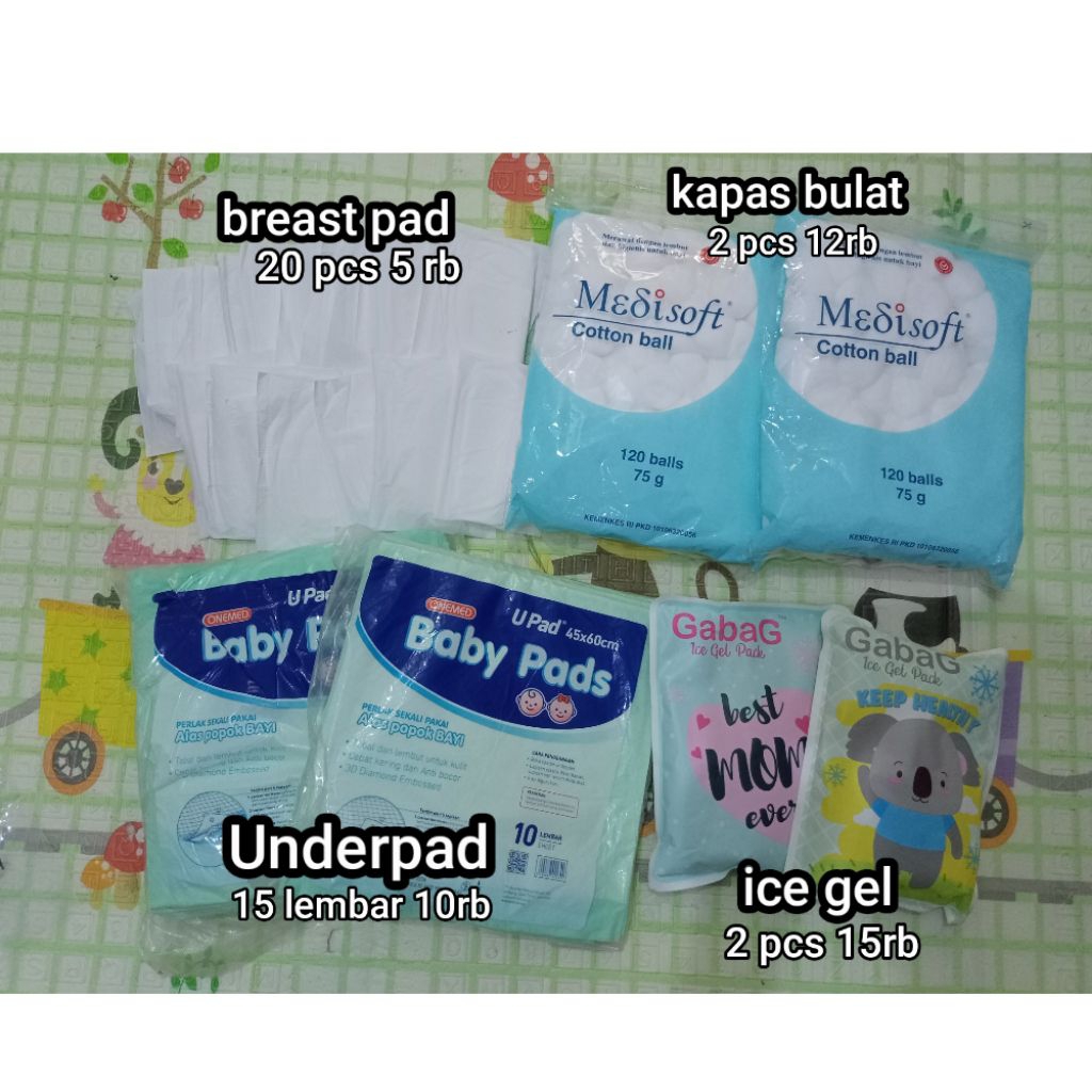 breast pad, cotton ball, baby pad, ice gel (exp lama)