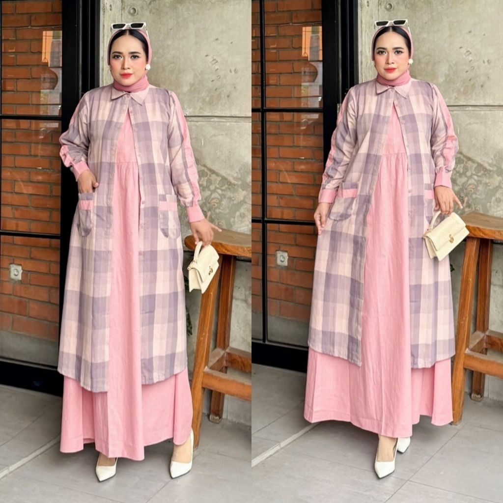 Fauzana Dress Katun Premium Set Outer katun kotak Haruka Gamis Wanita Kekinian Set Outer Wanita Kond