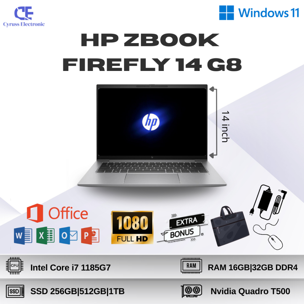Laptop HP Zbook Firefly 14 G8 Core i5 / i7 11th Gen RAM 32GB VGA Nvidia Quadro T500 4GB | Second & B