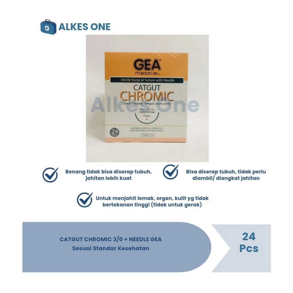 Catgut Chromic 3/0 + Needle GEA (Benang Jahit Dengan Jarum) Per Box