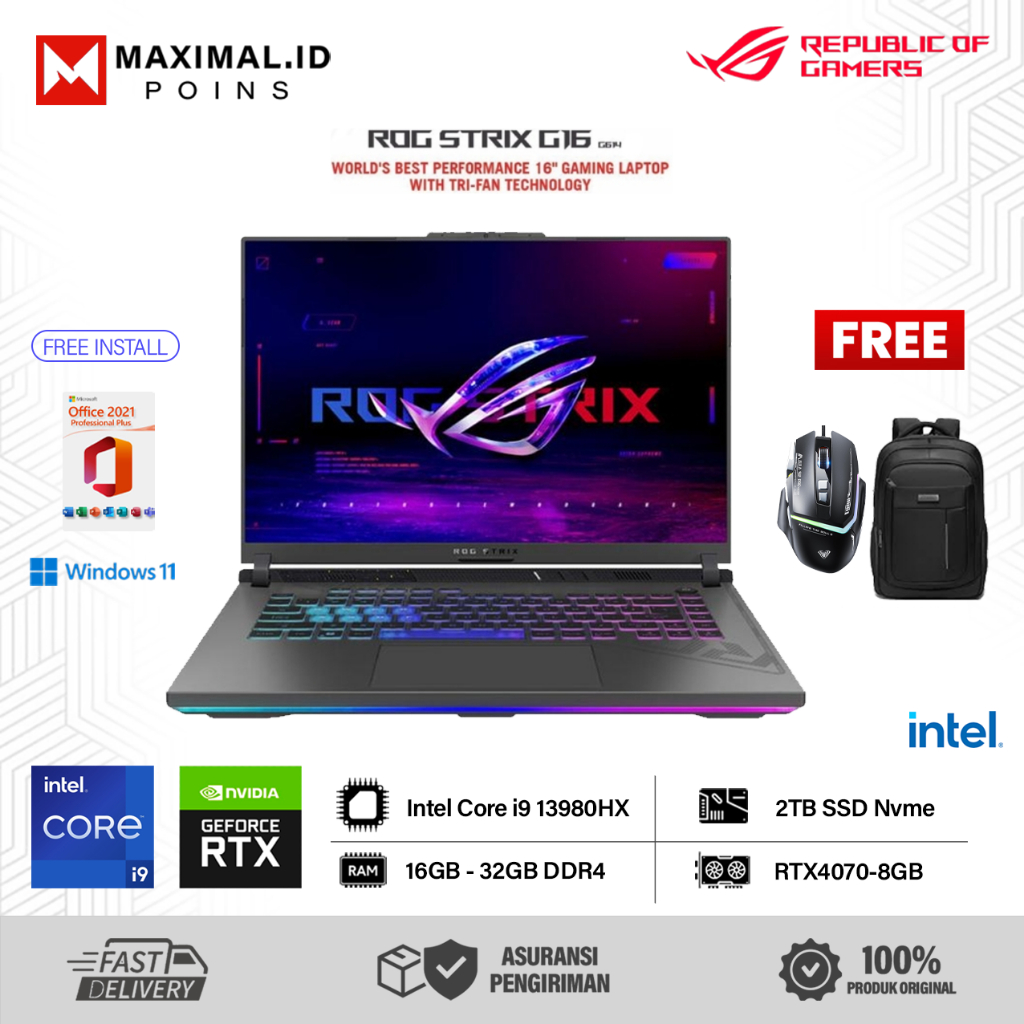 Laptop Gaming Asus ROG Strix G16 Intel I9 13980HX 64GB 2TB SSD RTX4070 WQXGA 240Hz Win 11