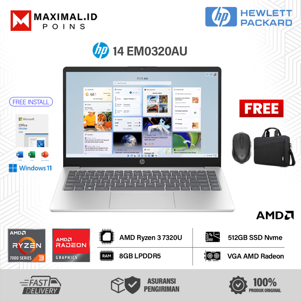 Laptop Baru HP 14 EM0333AU AMD Ryzen 3 7320U Ram 8GB DDR5 512GB SSD 14.0 FHD Win 11 + OHS