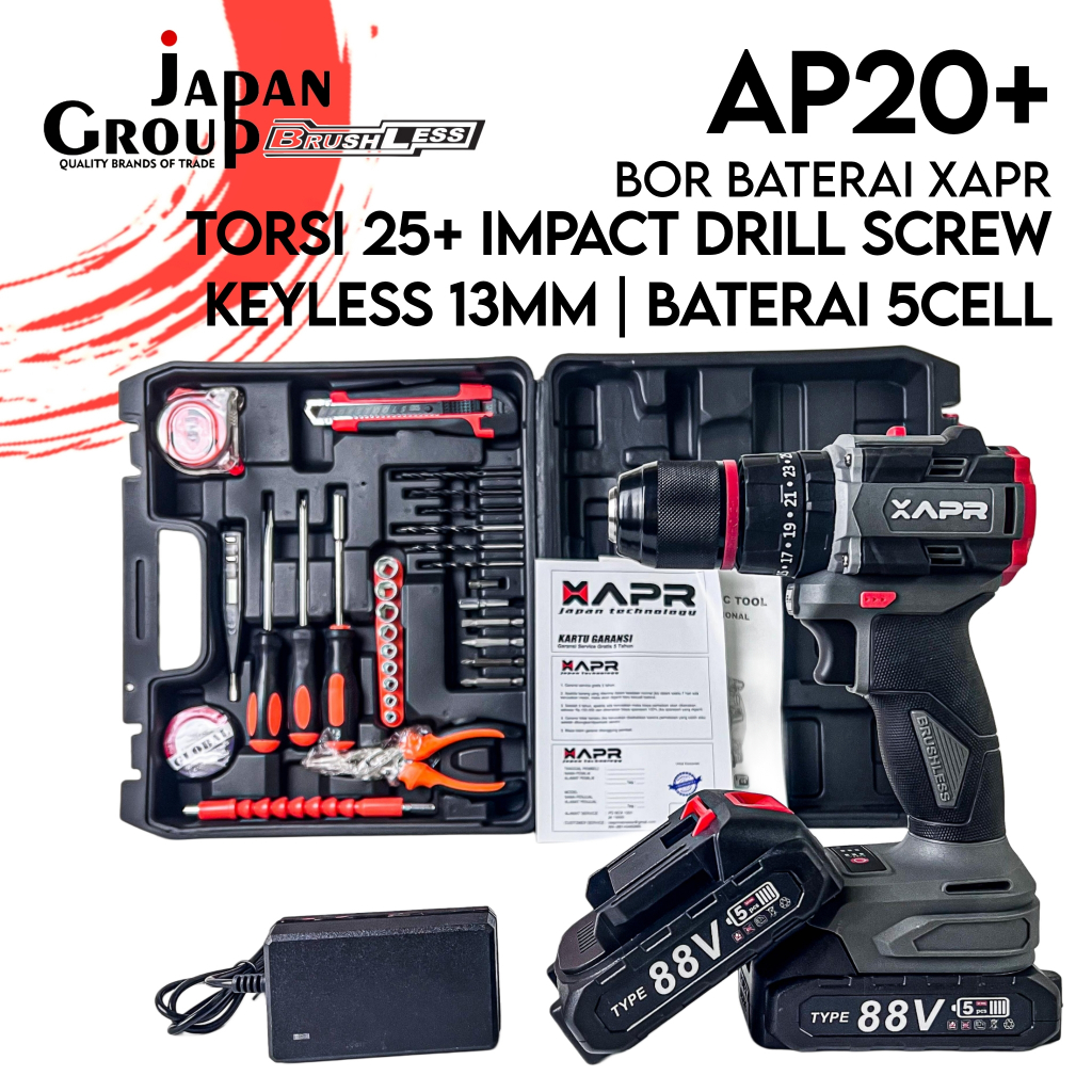 BOR BATERAI BRUSHLESS APR AP20+ IMPACT DRILL 13MM 2BATERAI LXT FULLSET BOR BETON TEMBOK BESI KAYU