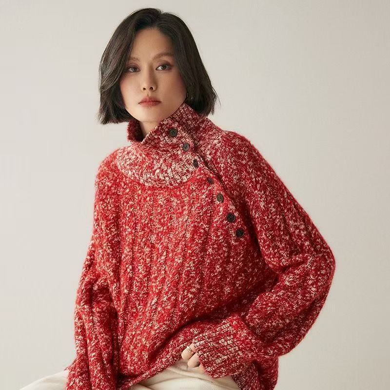 65% wol domba, 35% kasmir Sweater kasmir kerah tinggi longgar benang bunga malas, sweater rajutan ka