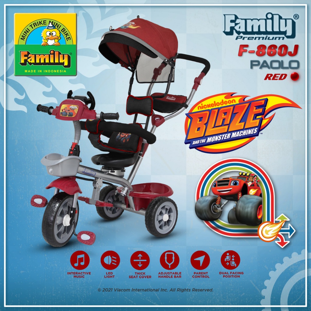 Sepeda Roda Tiga Anak Family F860J Paolo 1-4 Tahun Musik Lampu Tongkat Dorong Baby Tricycle Stroller