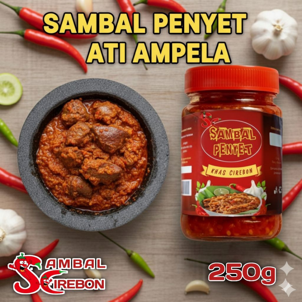 

SAMBAL PENYET ATI AMPELA dibuat dari cabai pilihan, bumbu rempah khas Cirebon, dan diolah secara homemade untuk rasa yang otentik. Cocok untuk ayam, ikan, atau tempe penyet. Pedasnya nampol, gurihnya mantap!