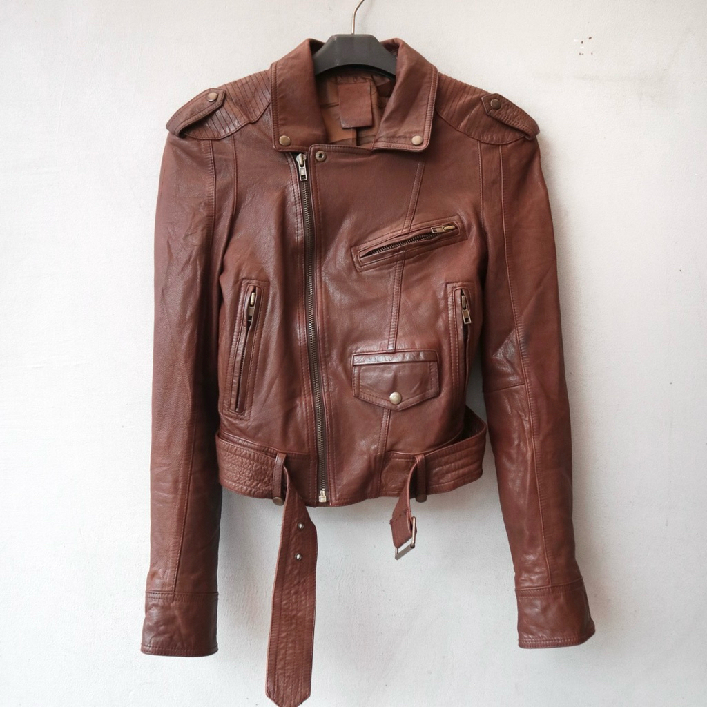 Jaket kulit asli coklat vintage jaket ramones cewek crop anak remaja jaket motor wanita biker croppe