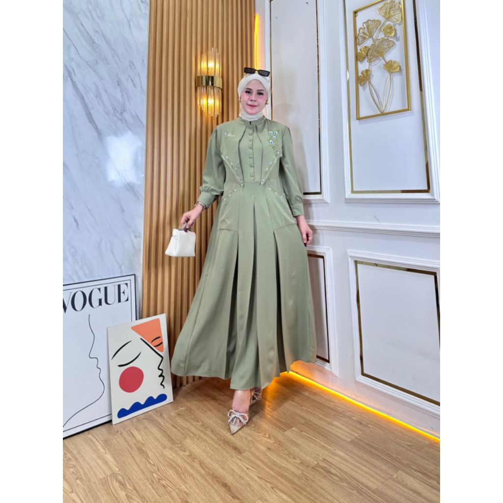 Fanalia Gamis Wanita Rompi Bordir Burung Merak Bahan Ity Crepe Premium Elegan Busana Muslim Modern L