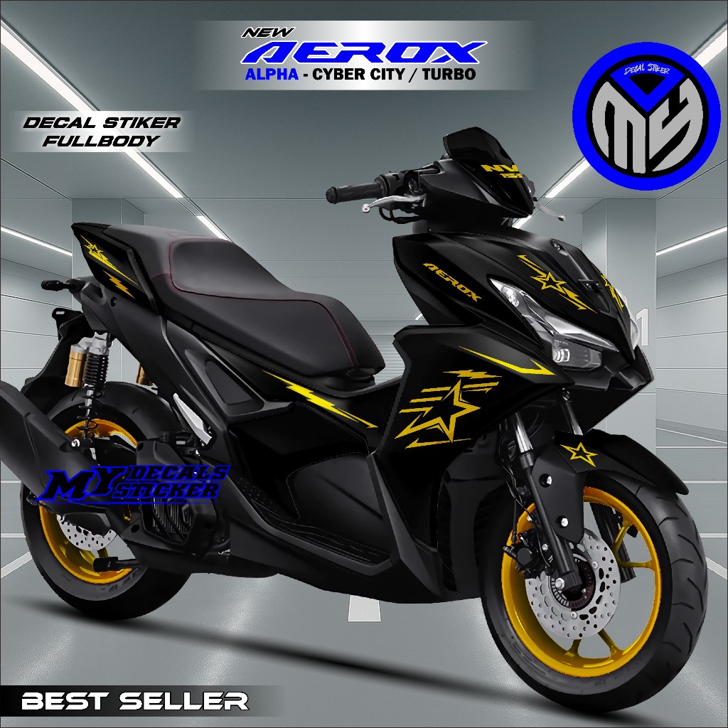 COD STICKER DECAL AEROX ALPHA 2025 FULL BODY DESAIN HITAM LIST BINTANG KEREN DECAL AEROX ALPHA TURBO