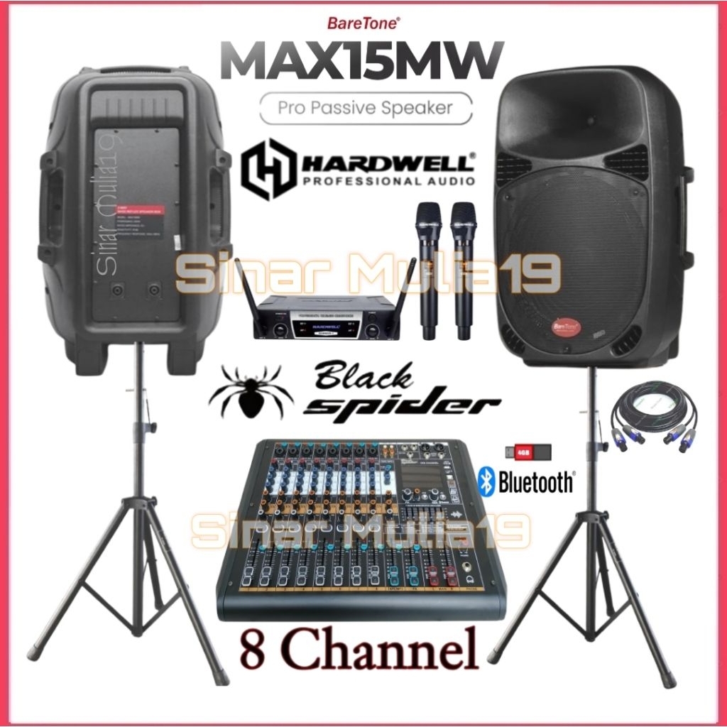 Paket Sound System Speaker BareTone 15 Inch Max15mw Power Mixer Blackspider 8 Ch Bluetooth Mic Wirel