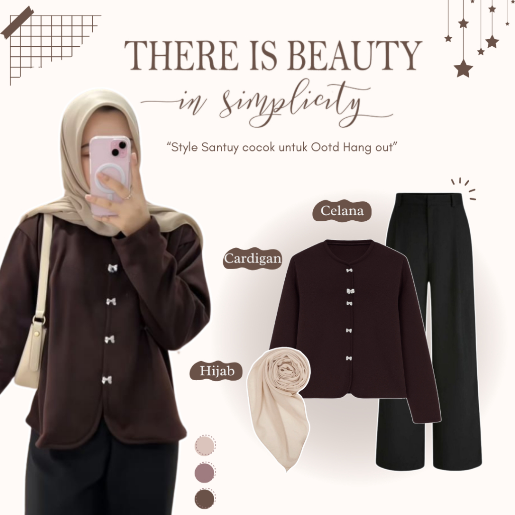 One Set 3in1 Setelan Wanita Kekinian | Outfit Remaja | OOTD | Cardigan + Celana + Hijab - CM135N