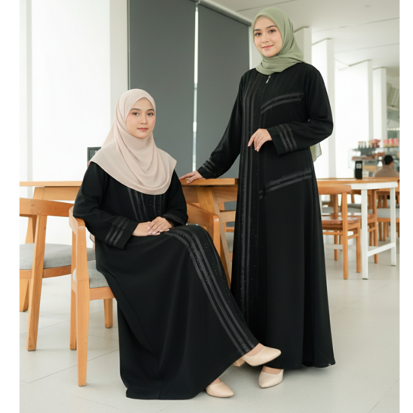 Nur Choices - Abaya List Hitam Gamis Minimalis Outer Arab Saudi Gamis Syari Muslimah Bahan Wolfis