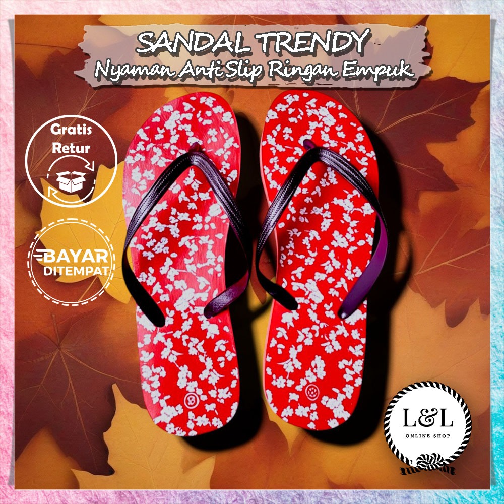 Sandal Jepit Wanita Motif Bunga Cherry Sandal Jepit Unik Stylish untuk Daily Use Nyaman Anti Selip F