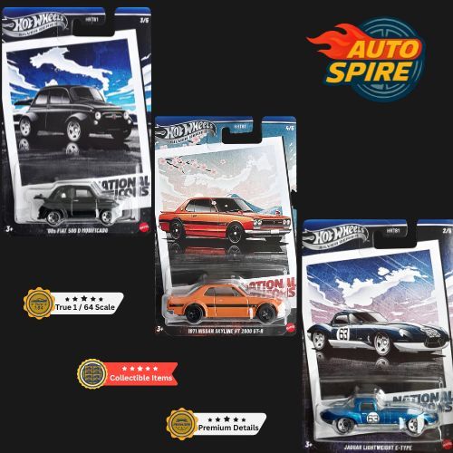 Hot Wheels National Icons 2025 | '60s Fiat 500 D Modificado, Jaguar Lightweight E-type, 1971 Nissan 