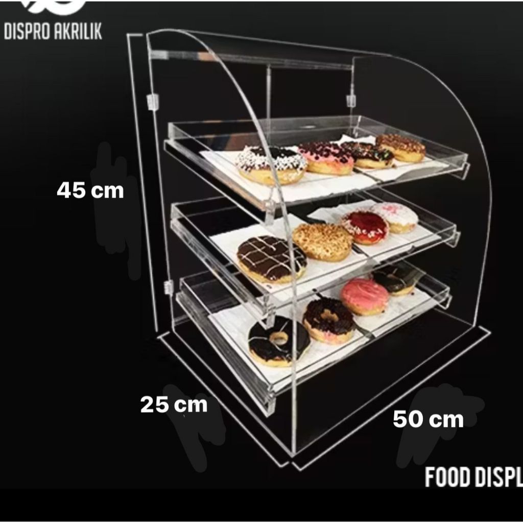 Etalase kue akrilik 3 tingkat untuk pajangan roti dan kue, ukuran 50x25x45 cm, bening