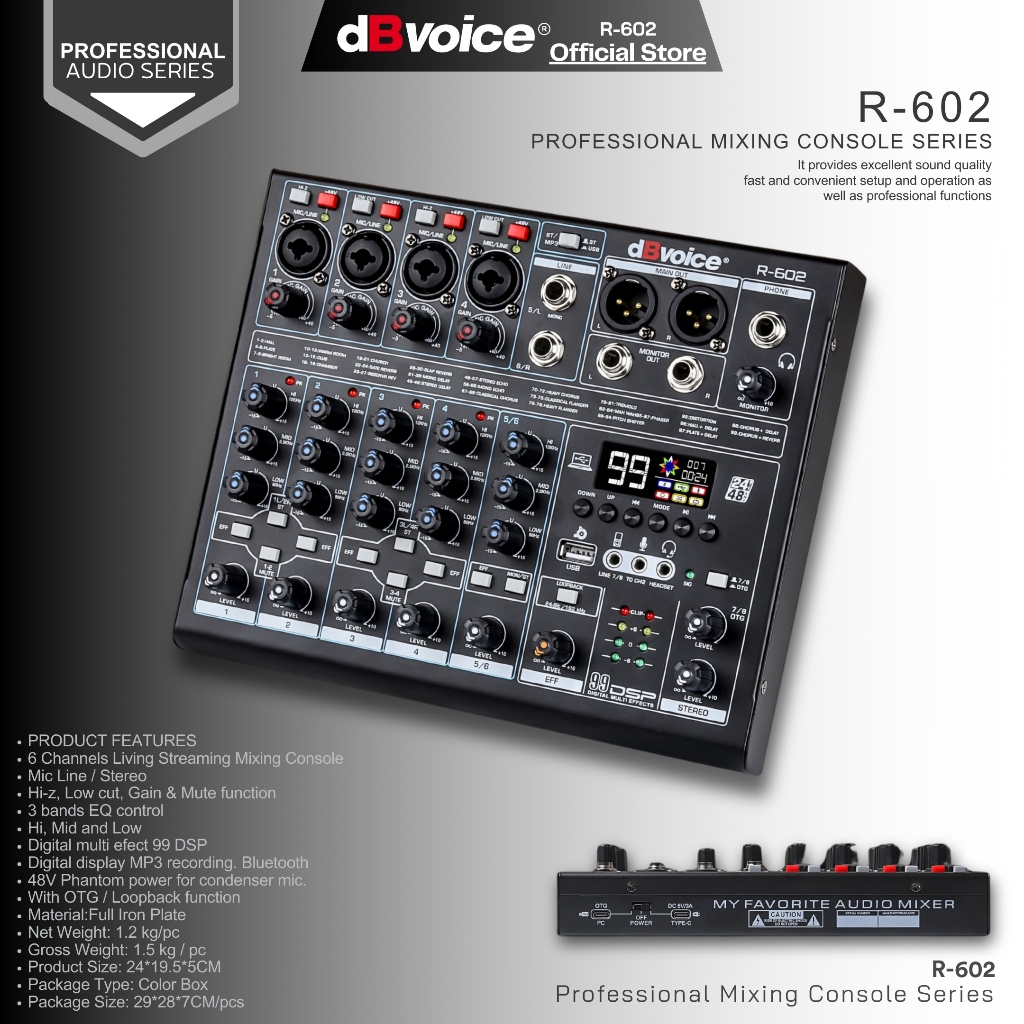 Professional Mixer Spesial Live Streaming 99Dsp with OTG dBvoice R602
