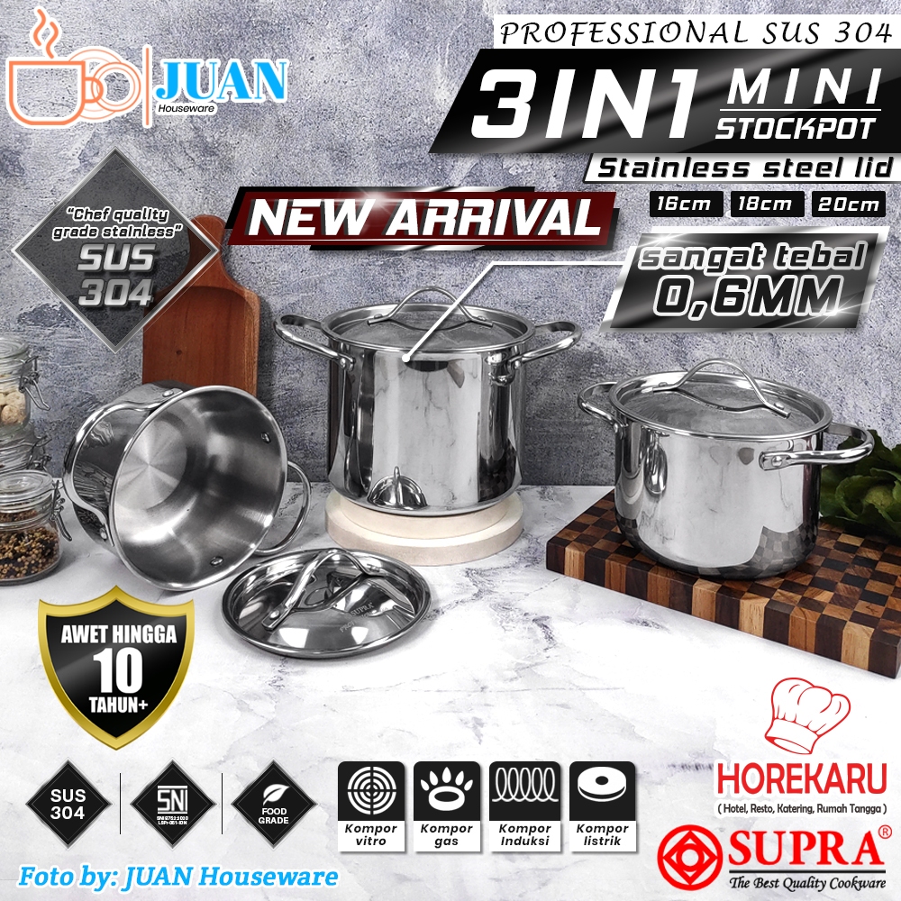 Supra Panci Soup Set 16cm-18cm-20cm Stainless Steel 3 in 1 Mini Stock Pot With Lid Professional SUS 