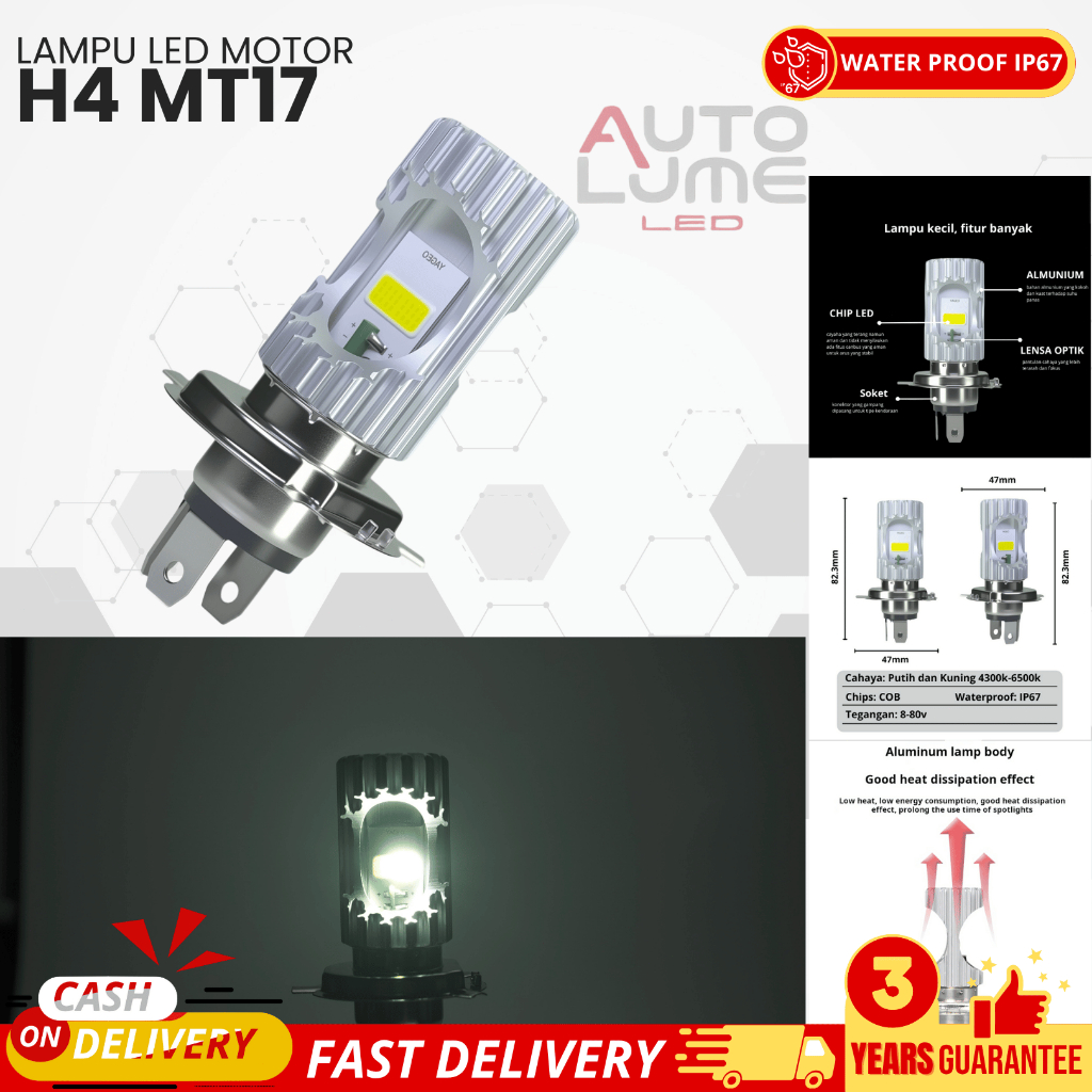 Autolume Lampu LED Motor H4 MT17 Dual Color 6500K/4300K - Super Bright Waterproof IP67, Voltage 8-80