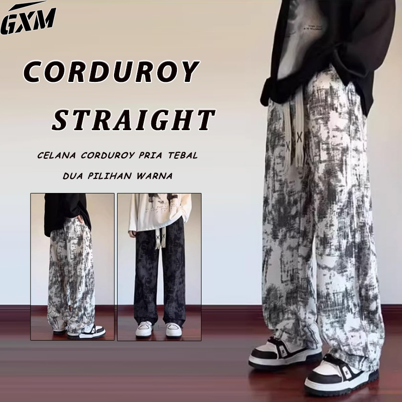 GXM Celana Ppanjang Corduroy Pria Celana Putih Pria Tebal Celana Harajuku Pria Y2K Hitam Baggy Cordu