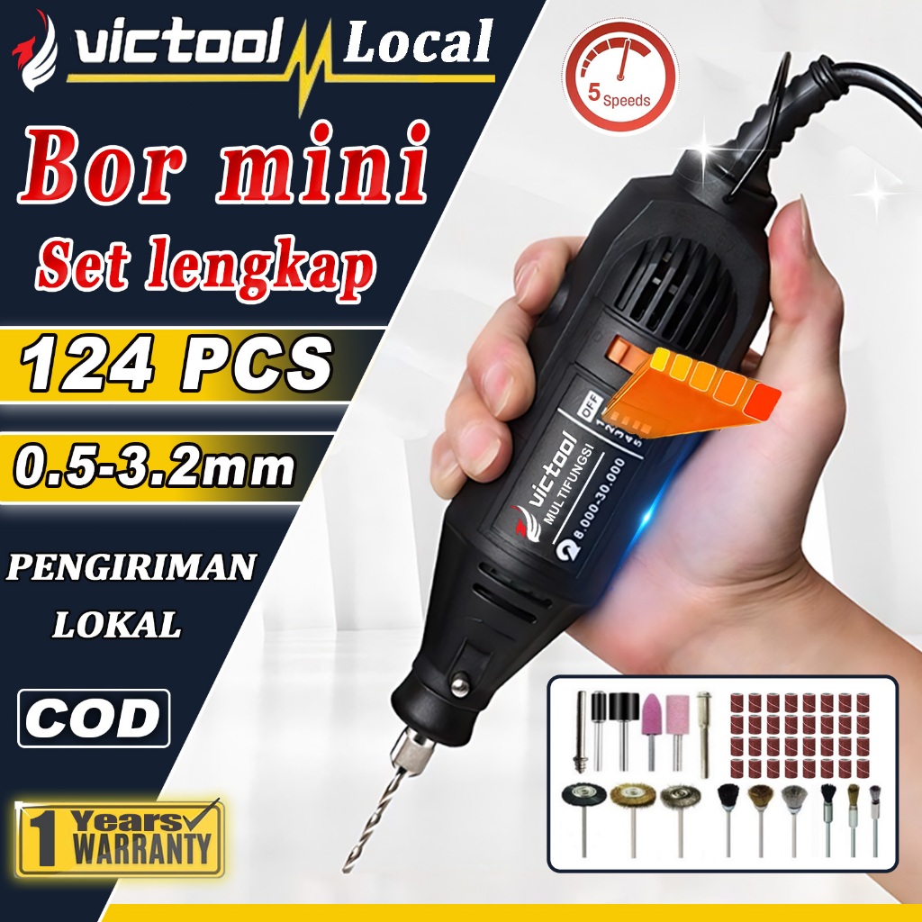 Victool Bor mini listrik set lengkap Bor tuner porting 124 PCS 5 Kecepatan Mini Drill Alat pemoles d