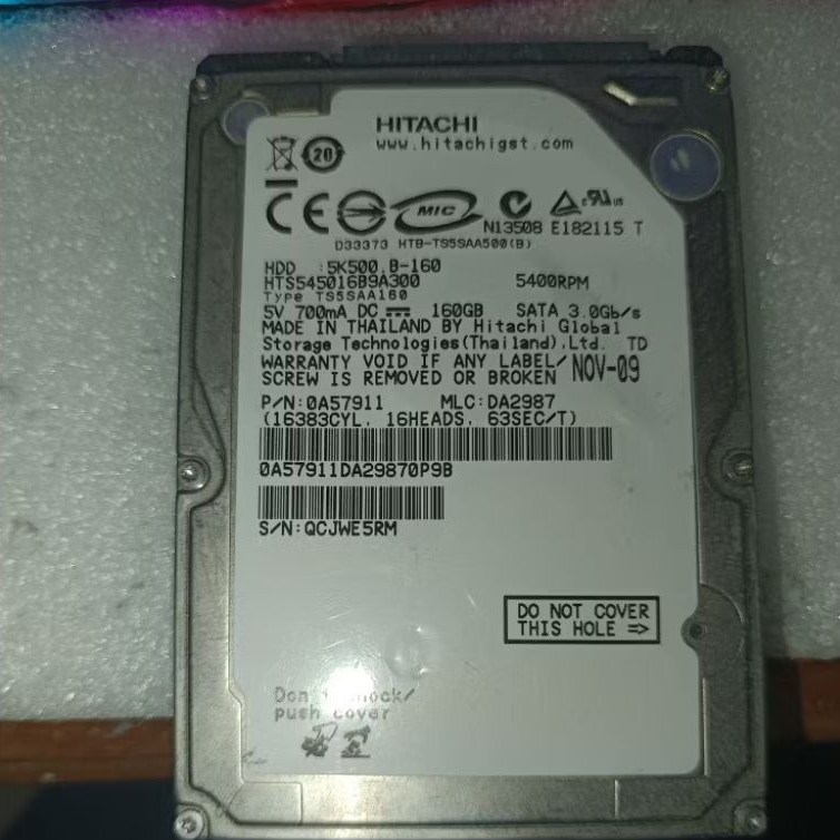 Hitachi HDD Laptop 160GB SATA – Kondisi Rusak
