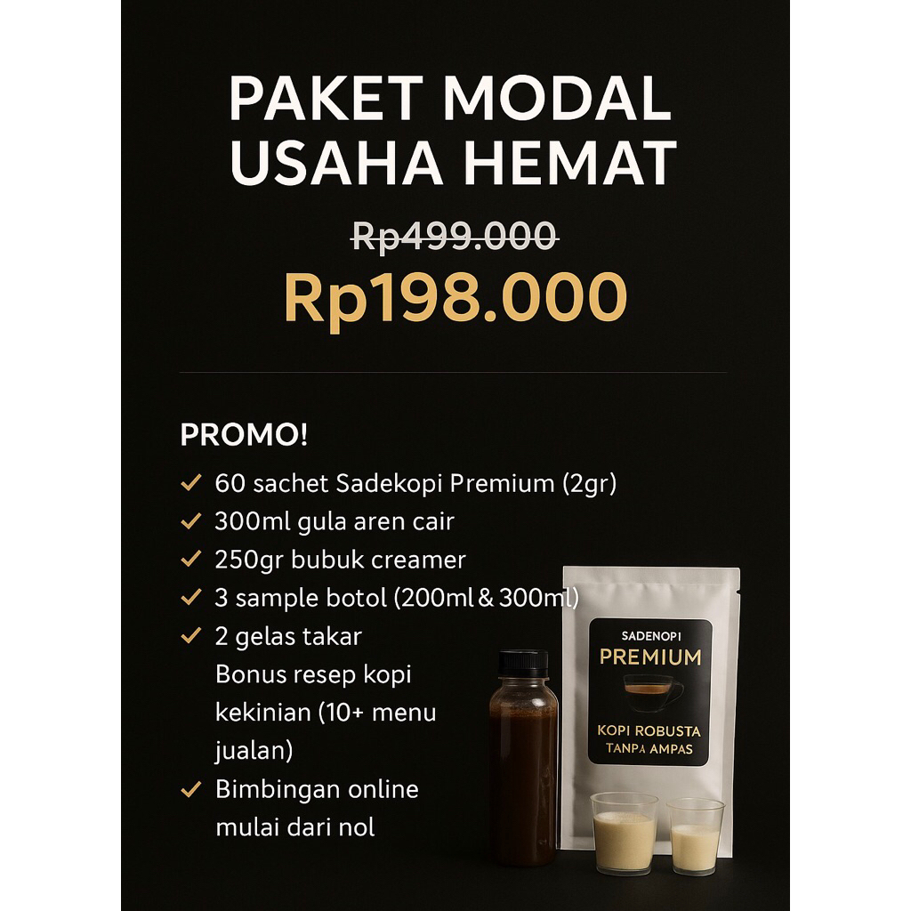 

Paket Usaha Kopi Kekinian – Sadekopi Premium Tanpa Ampas (60 sachet + bonus)