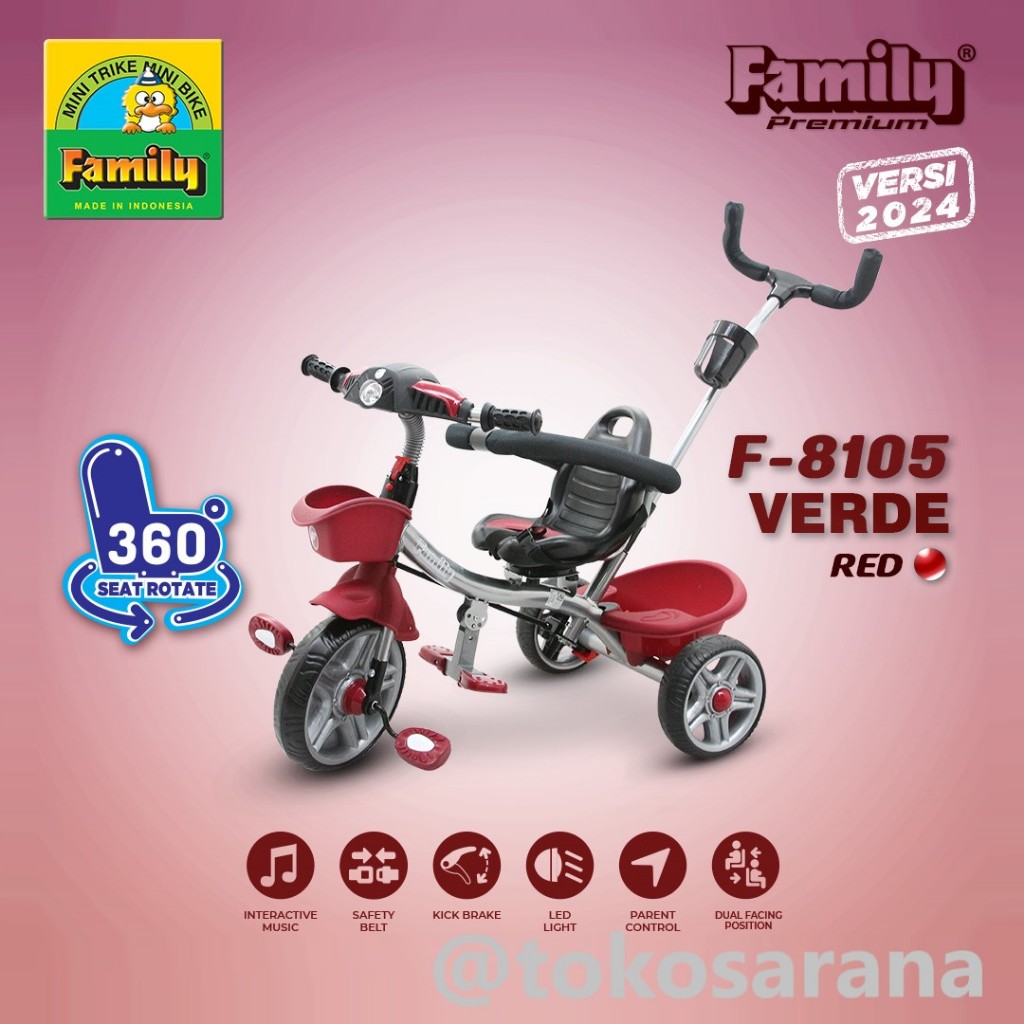 Sepeda Roda Tiga Anak Family F8105 Verde Lampu Musik Ban EVA Tongkat Dorong Baby Tricycle 1-4 Tahun