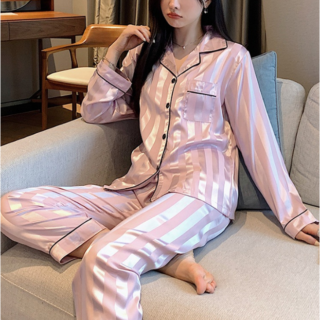 PAJAMAS Long Ice Silk Satin Korea Jepang Elegan Piyama Mewah Baju Tidur Kancing Depan Lengan Celana 