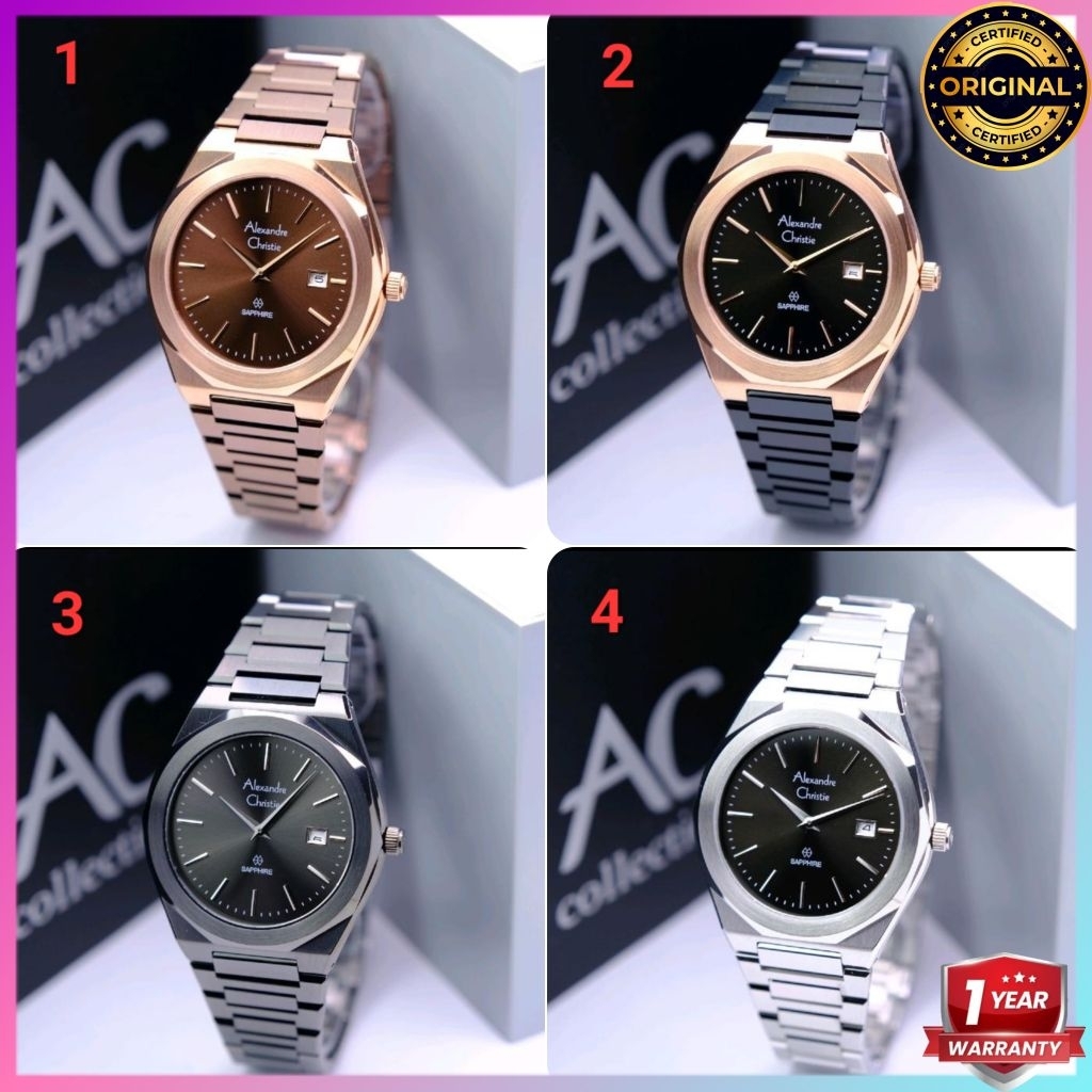 ORIGINAL GARANSI RESMI 1 TAHUN JAM TANGAN PRIA ALEXANDRE CHRISTIE COWOK SAPPHIRE RANTAI STAINLESS ST