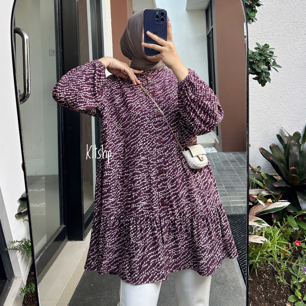 TIFANY BLOUSE RAYON MOTIF BUNGA LENGAN BALON Baju Motif Rempel Depan