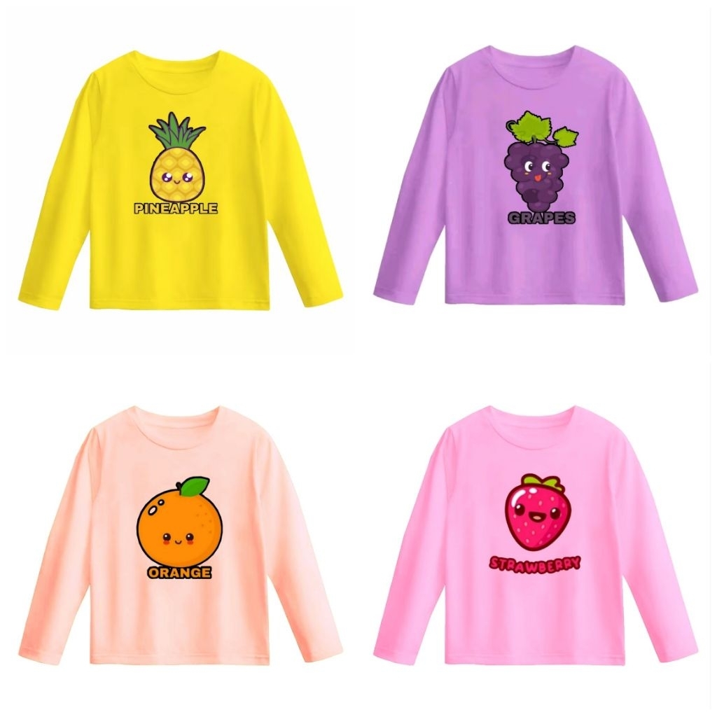 baju anak cewek lengan panjang tema buah buahan,pear,alpukat.strawbery dan lain lain