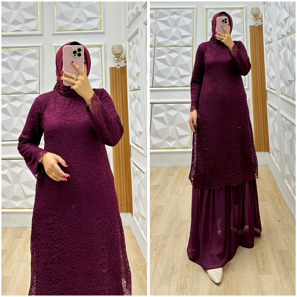 Gamis Pesta Brukat Kombinasi Ceruty Set Furing Model Melayu by AB