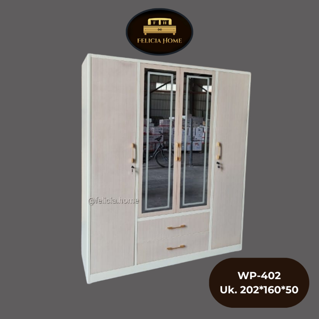 Lemari Pakaian Besi 4 Pintu Jumbo Import - Pintu Tengah Cermin