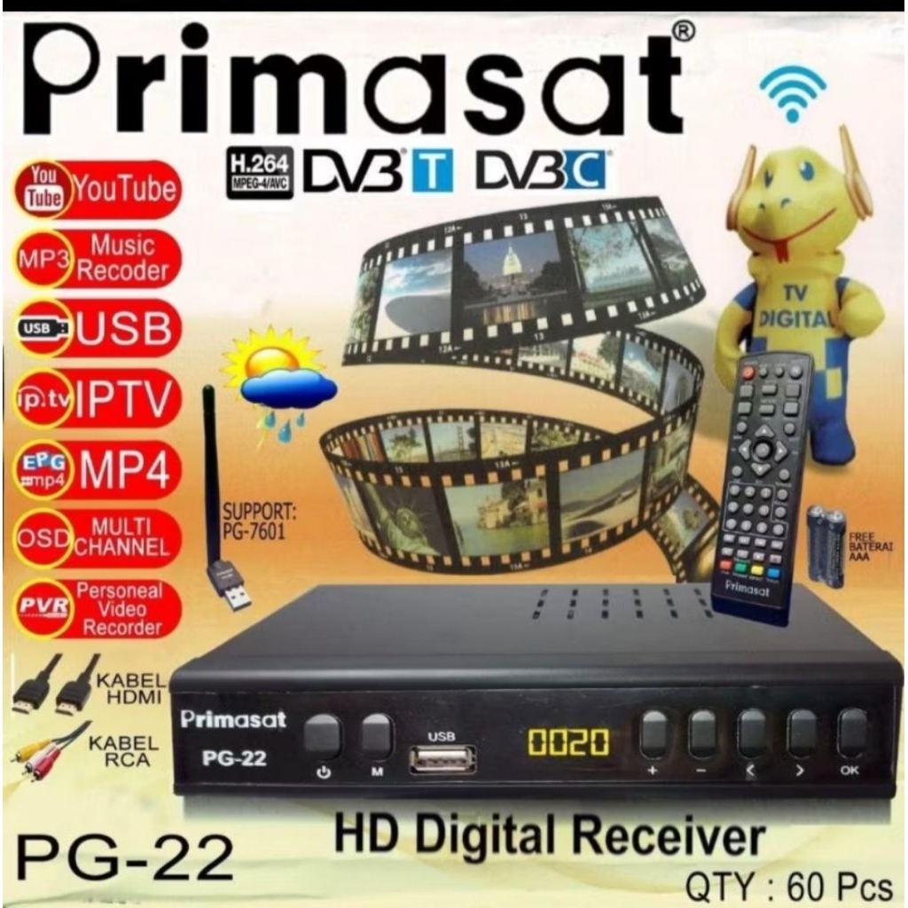 Set Top Box  TV Primasat PG 22 ( 2 colokan USB, free kabel HDMI )
