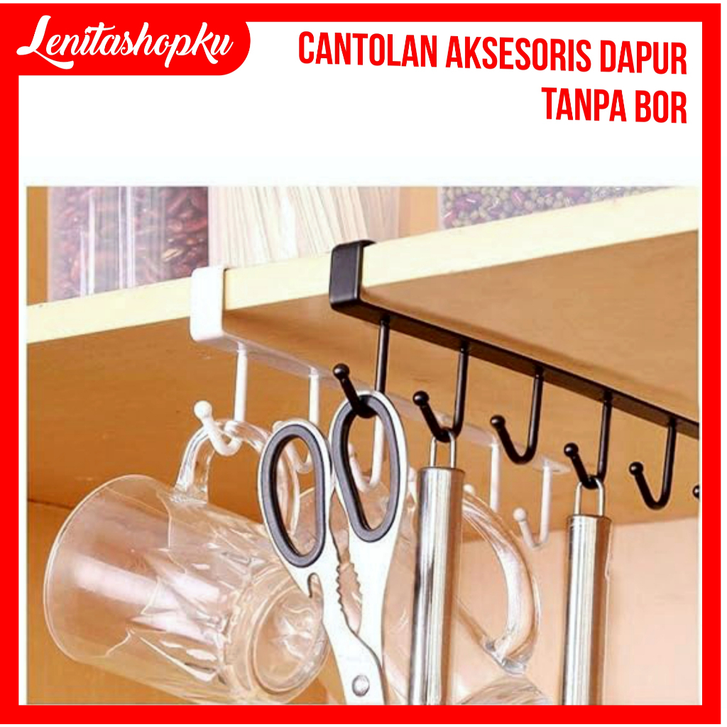 Lenitashopku RAK GANTUNG GELAS GANTUNGAN TANPA PAKU 6 KAIT BAWAH LEMARI STAINLESS STEEL TANPA BOR | 
