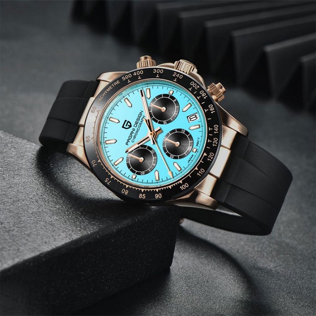 NEW PAGANI DESIGN DAYTONA SPESIAL TIFFANY ROSEGOLD QUARTZ VK63 SEIKO SAFIR GLASS + AR COATING WR 100