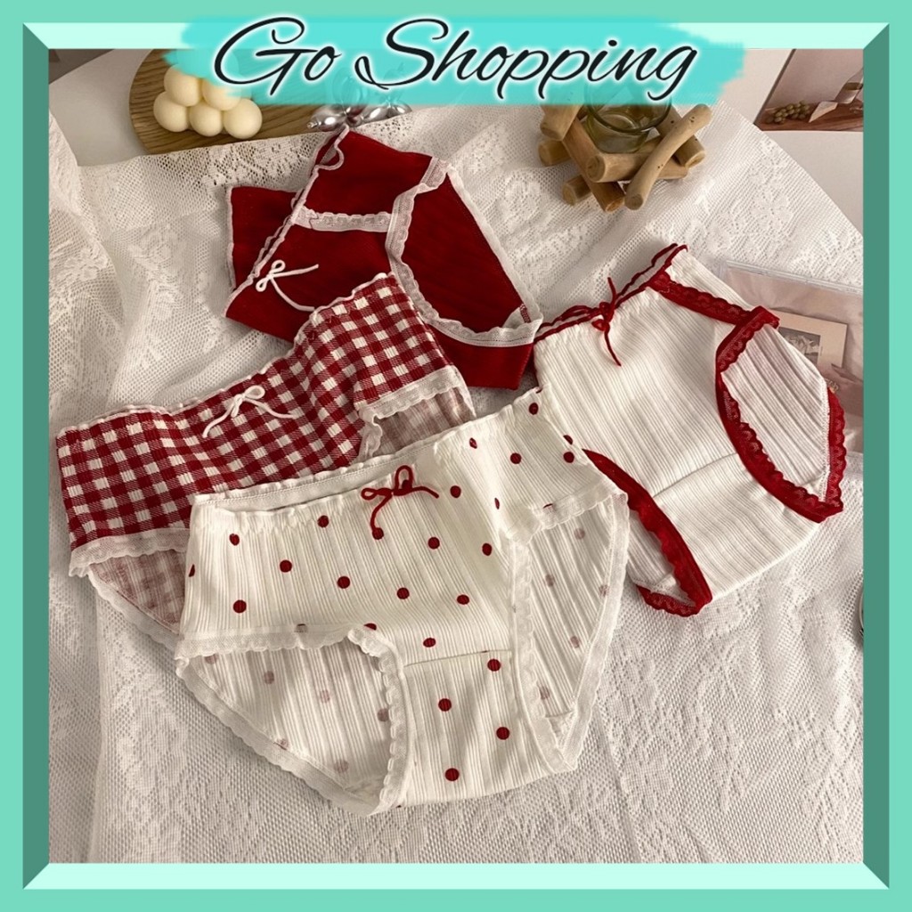 GO!CD2143 CD Celana Dalam Renda PitaMerah Underware Wanita Lucu Bahan Katun Jepang Menyerap Keringat