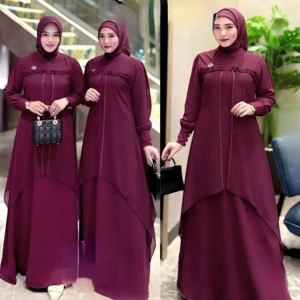 Jasmine Abaya Turki Terbaru Model 2 Layer Aplikasi Swarovski Bahan Ceruty Babydoll Full Furing