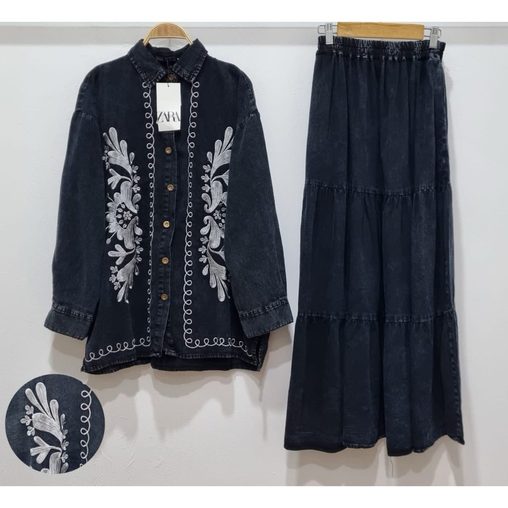setelan jeans natalia Zara// setelan rok jeans bordir Zara///pakaianwanitasby
