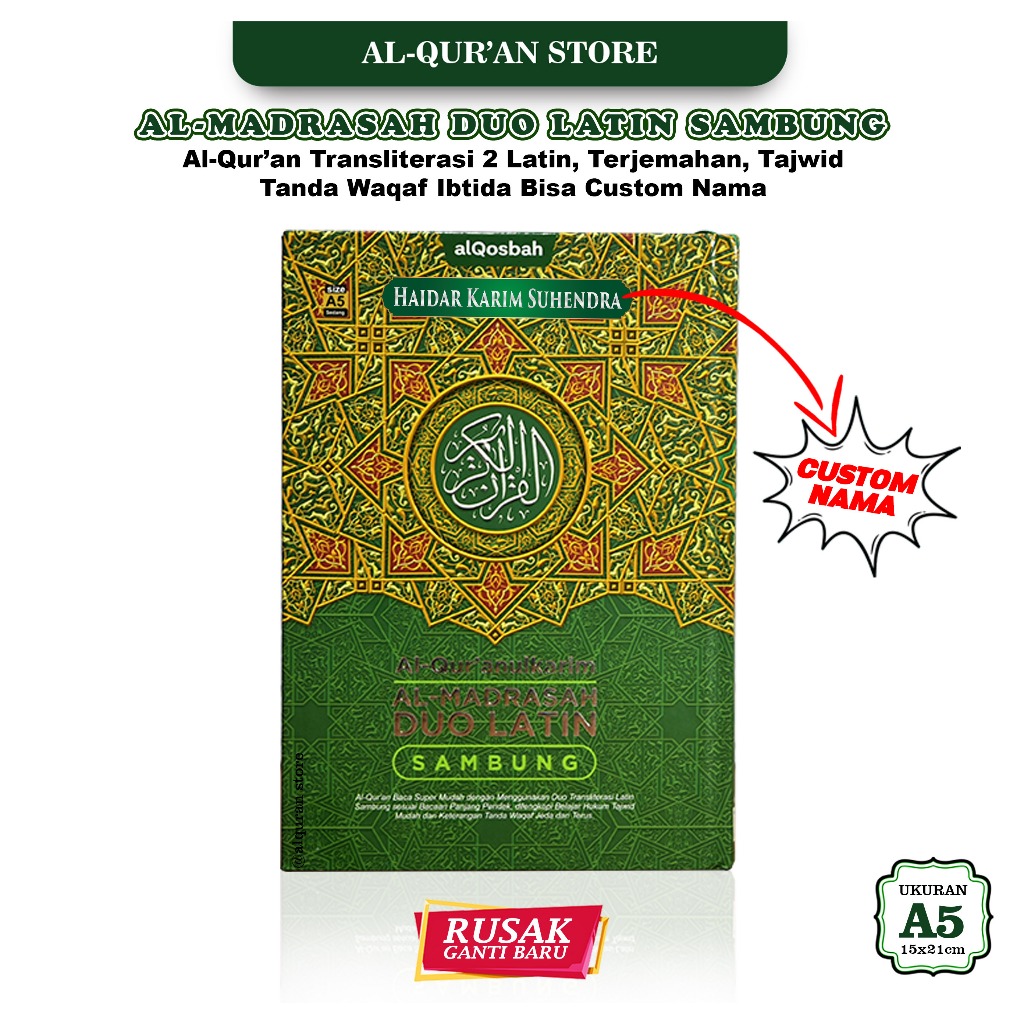 Alquran Custom Nama Al Madrasah Duo Latin Sambung Al Quran Latin dan Terjemah Ukuran Besar A4 A5